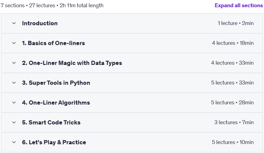 Course topics · Python One-Liners: Write Powerful Code in a Single Line 2025-5