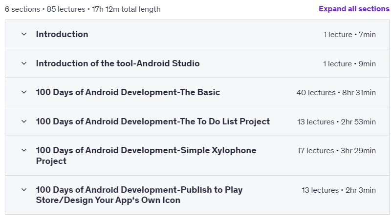 Course topics · Udemy — Ultimate Android Bootcamp: 100 Days of Android 2025-4