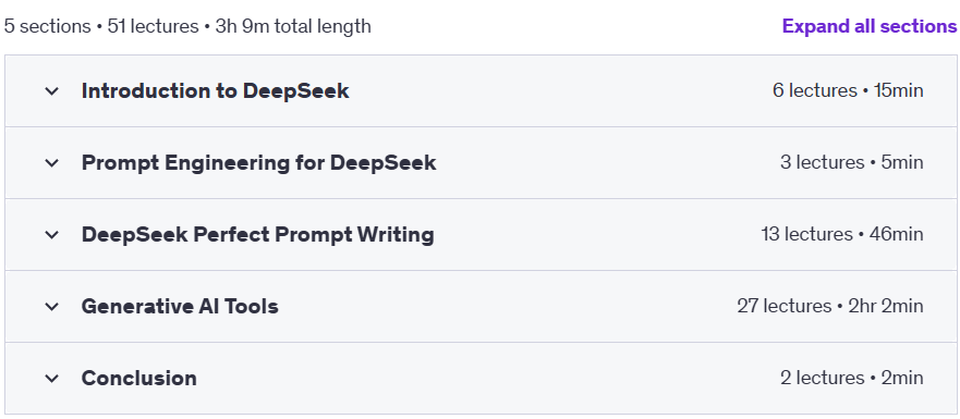 Course topics · Udemy — DeepSeek Mastery: 70,000+ Prompts | 100% Free AI Tools 2025-2