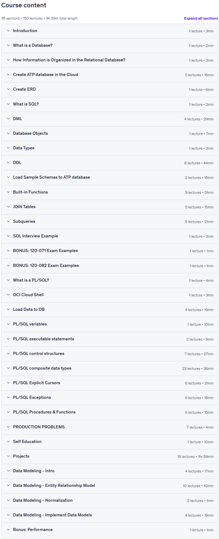 Course topics · Complete Oracle Database Developer Course ( 5 in 1 ) 2026-2