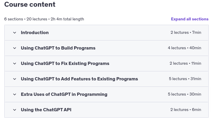 Course topics · Udemy — ChatGPT for Programmers: Build Python Apps in Seconds 2025-1