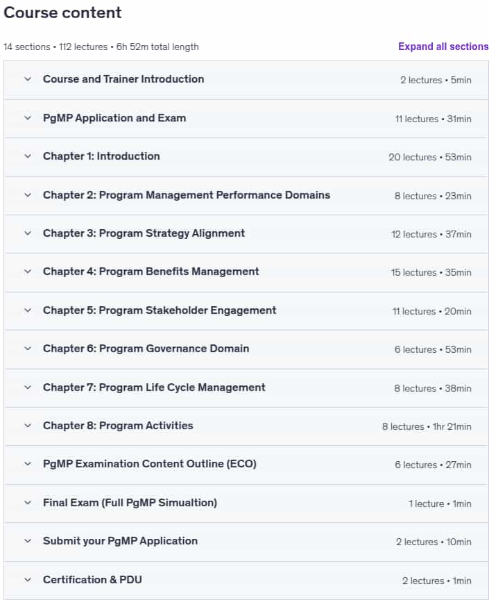 Course topics · PgMP (Program Management Professional) Exam Prep Course 2025-8