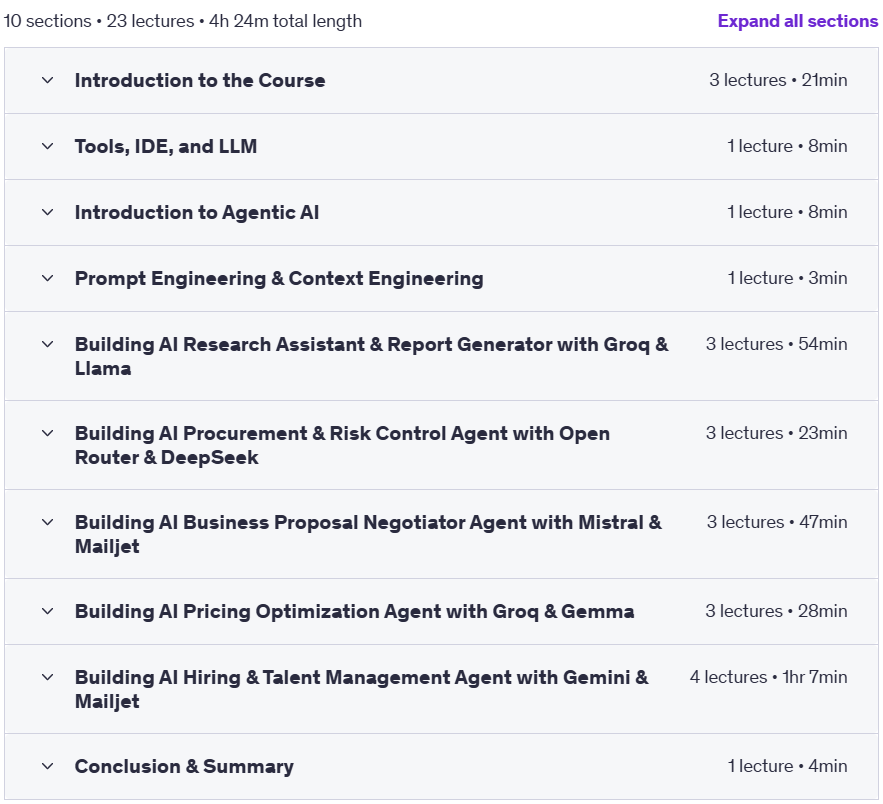 Course topics · Udemy — Building Agentic AI and Autonomous Agent with Python & Groq 2025-8