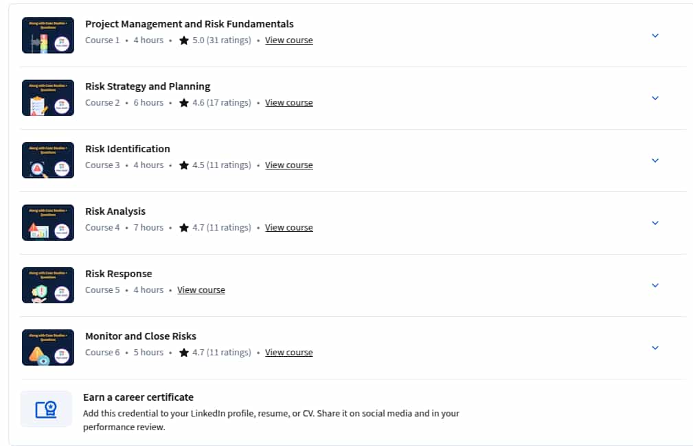 Course topics · Coursera — Risk Management Professional (PMI-RMP®) Certification Course Specialization 2025-9