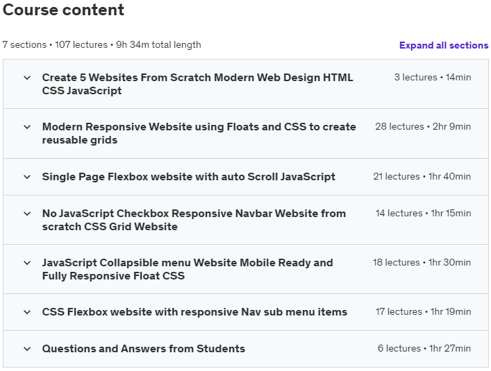 Course topics · CSS Modern Responsive Web Design Create 5 Different Sites 2023-3