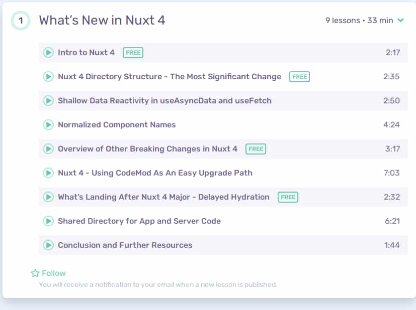 Course topics · Vueschool — What’s New in Nuxt 4: Key Updates for Nuxt.js Developers 2024-11