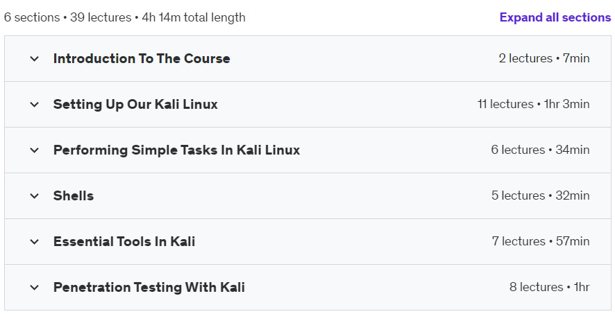Course topics · Udemy — Learn Kali Linux From Scratch 2024-5/2025-1