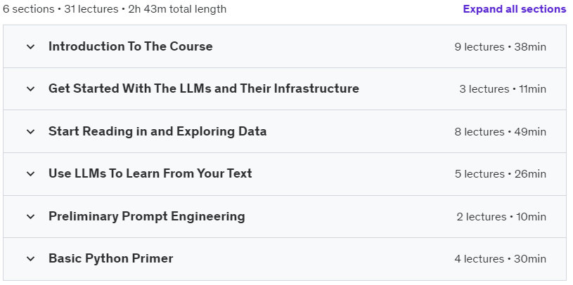 Course topics · Udemy — Introduction to Large Language Models (LLMs) In Python 2023-9