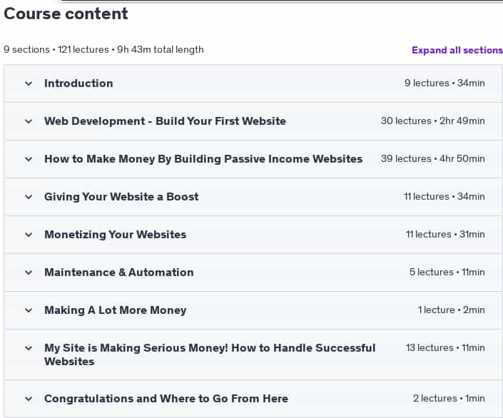 Course topics · Udemy — Escape the 9-5: Passive Income Online Business with Websites 2023-12
