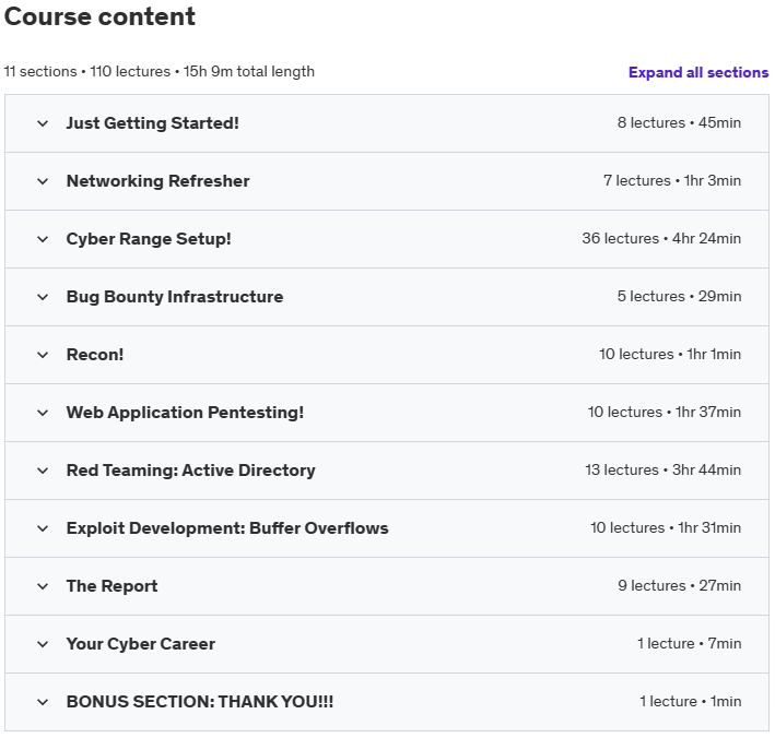 Course topics · Udemy — Modern Ethical Hacking – Complete Course 2022-11