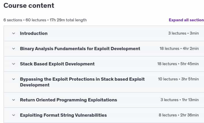 Course topics · Udemy — Exploit Development Tutorial for Hackers and Pentesters 2025-3
