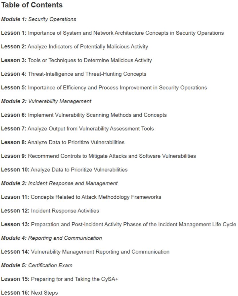 Course topics · Pearson IT Certification – CompTIA Cybersecurity Analyst (CySA+) CS0-003 (Video Course) 2023-11