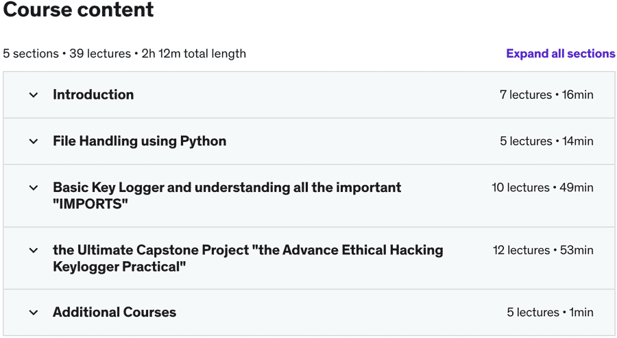 Course topics · Udemy — Complete Advance Ethical Hacking Keylogger Practical C|AHKP 2021-4
