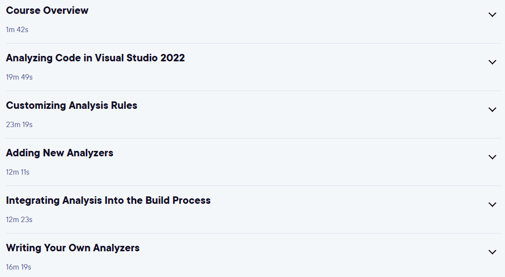 Course topics · Pluralsight — Improving Code Quality with Visual Studio 2022 Code Analysis 2022-4