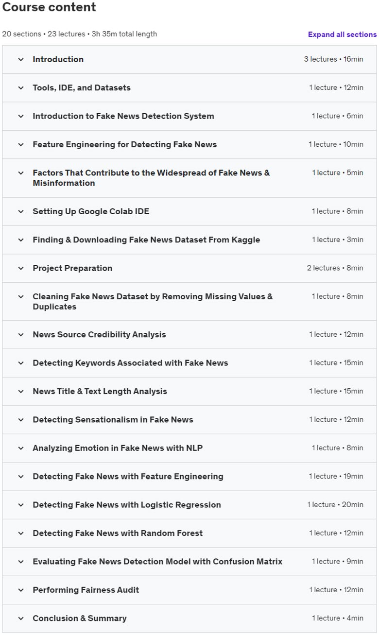 Course topics · Udemy — Detect Fake News with Machine Learning & Feature Engineering 2023-11