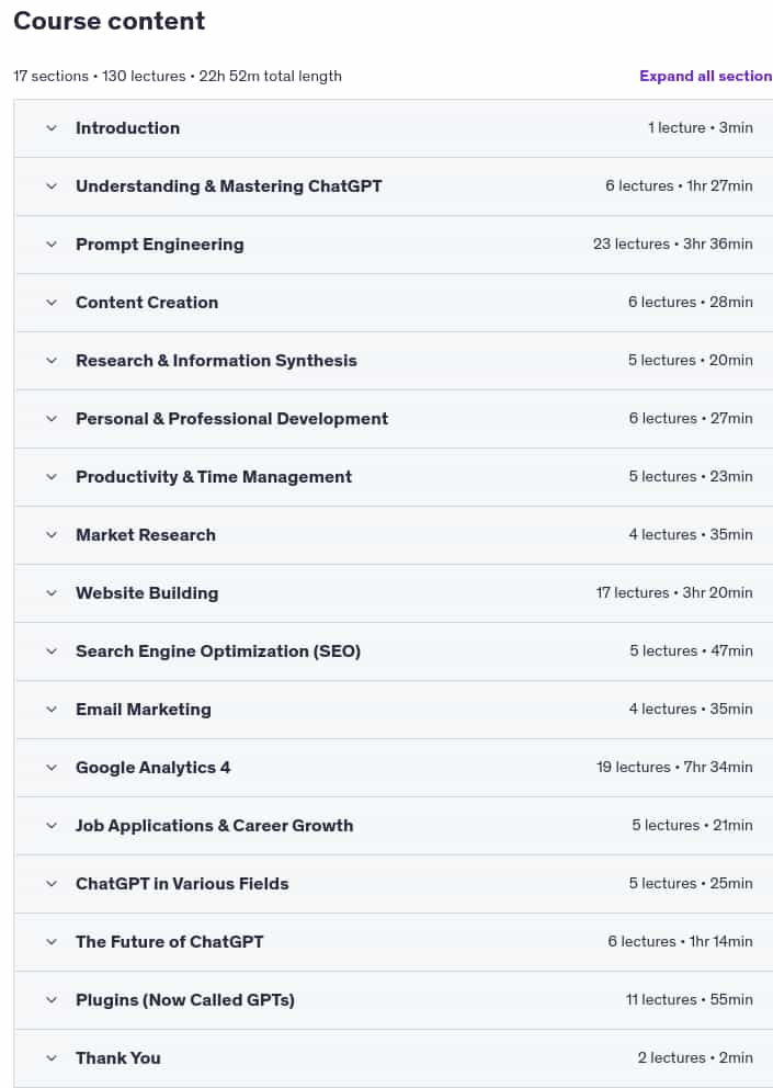 Course topics · Udemy — ChatGPT Masterclass: The Guide to AI & Prompt Engineering 2025-5