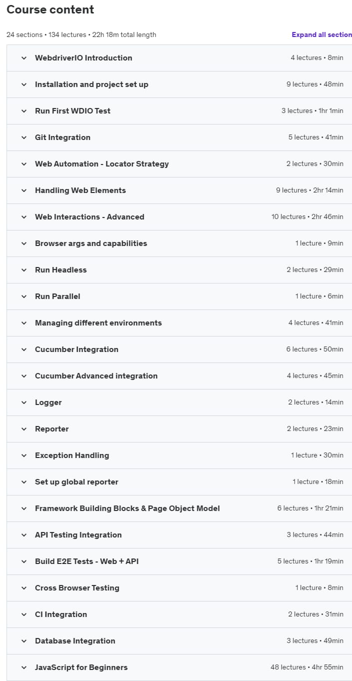 Course topics · WebdriverIO E2E Test Framework (Web+API +DB) – 2024 2022-6