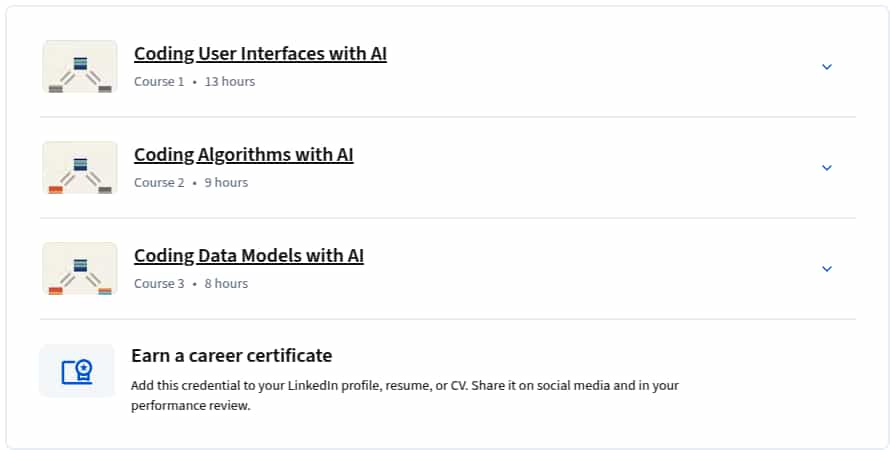 Course topics · Coursera — Coding with AI for MBAs Specialization 2025-7
