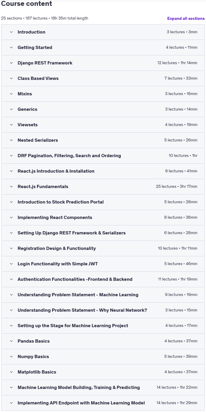 Course topics · Udemy — Full Stack Machine Learning | Django REST Framework, React 2025-2