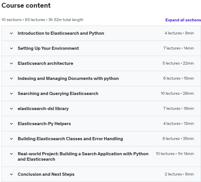 Course topics · Complete Guide to Elasticsearch 8 with Python 2023-4