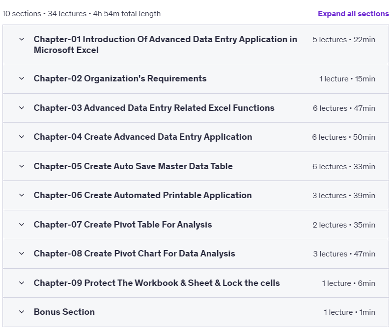 Course topics · Complete Advanced Data Entry Application in Microsoft Excel 2025-1