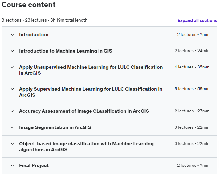 Course topics · Udemy — Machine Learning in ArcGIS : Map Land Use Land Cover in GIS 2022-11