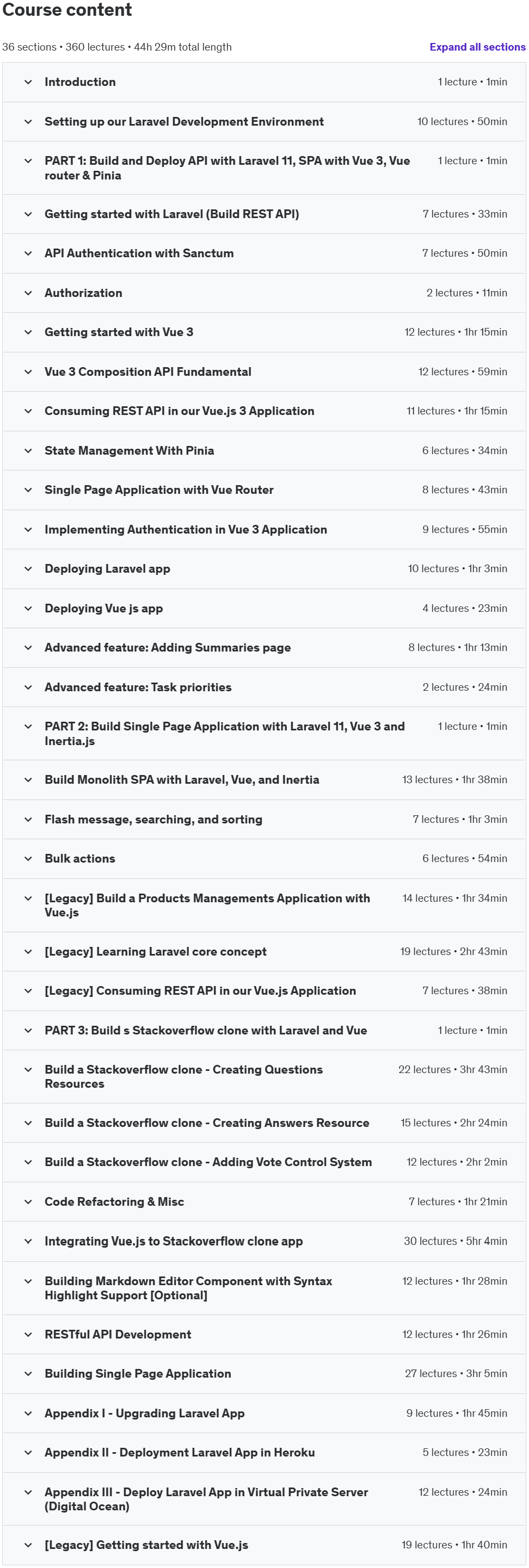 Course topics · Laravel 11, Vue 3 & Inertia (2024) – Build APIs and SPAs 2024-9