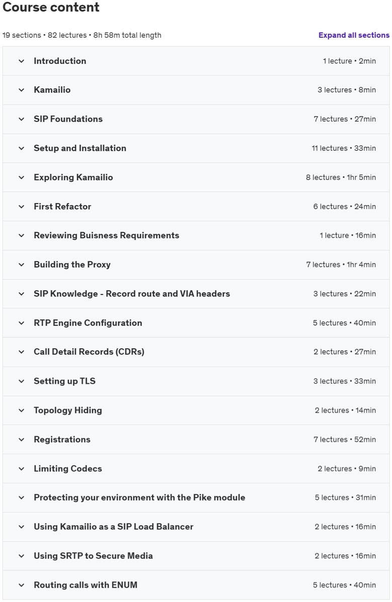 Course topics · Udemy — Learn SIP through Kamailio 2024-5