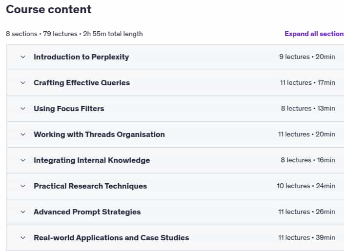 Course topics · Udemy — Mastering Perplexity AI for Professionals 2025-8