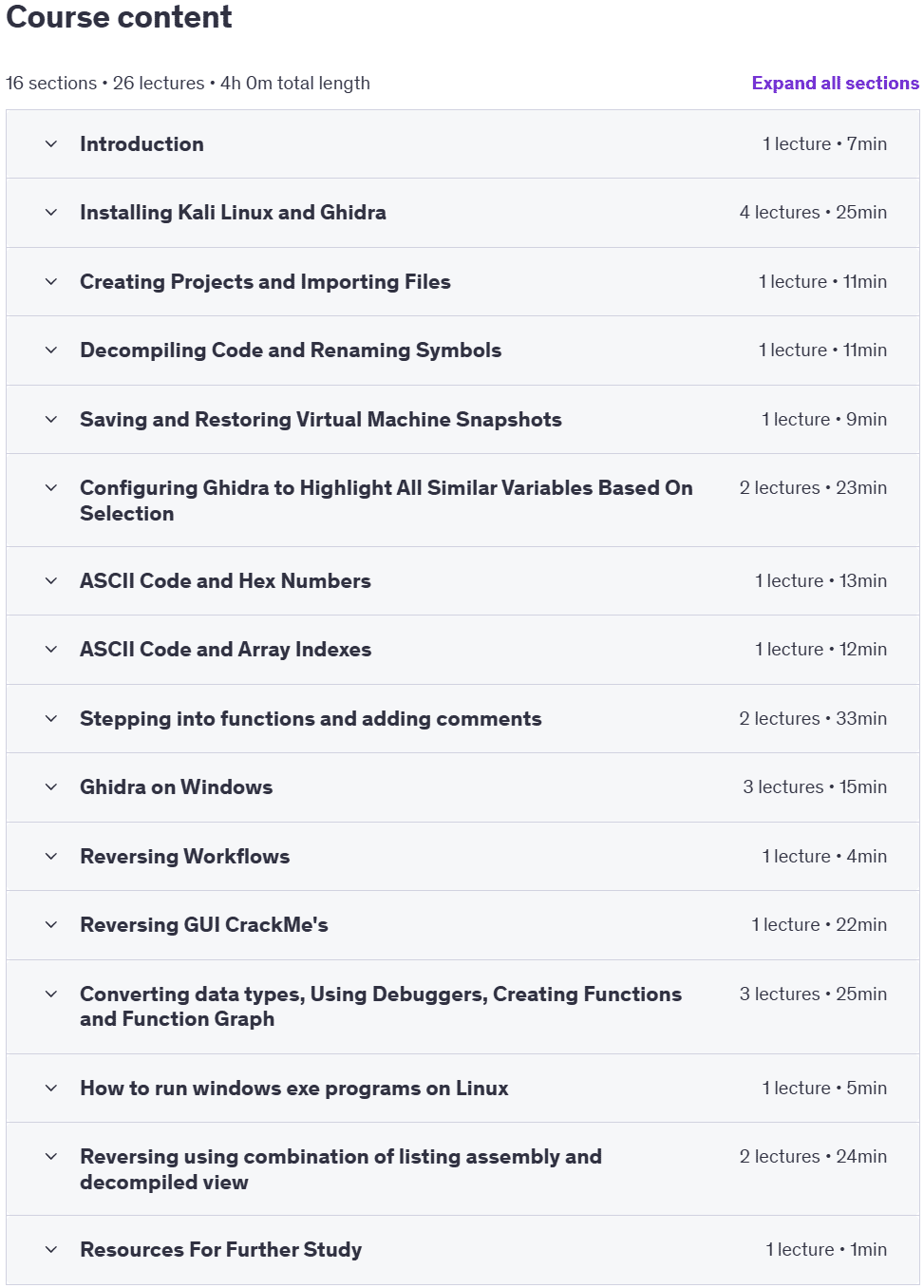 Course topics · Udemy — Reverse Engineering: Ghidra For Beginners 2024-12