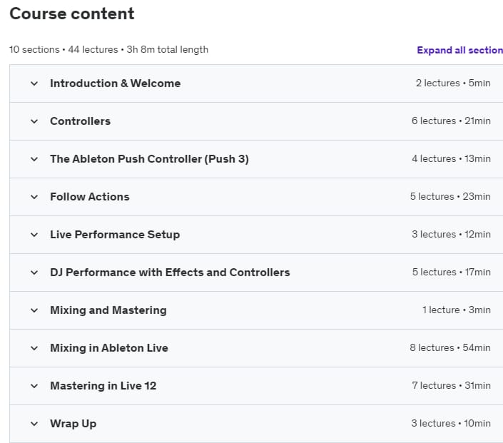 Course topics · Udemy — Ultimate Ableton Live 12, Part 6: Mixing, Mastering, & DJing 2024-2