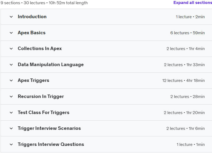 Course topics · Udemy — Salesforce Apex Triggers & Test Classes + Interview Prep 2024-5