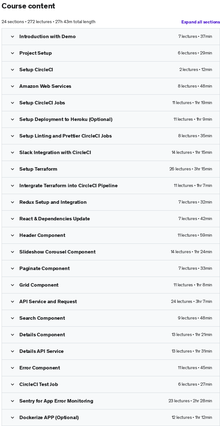 Course topics · Build a React & Redux App w/ CircleCI CI/CD, AWS & Terraform 2022-4