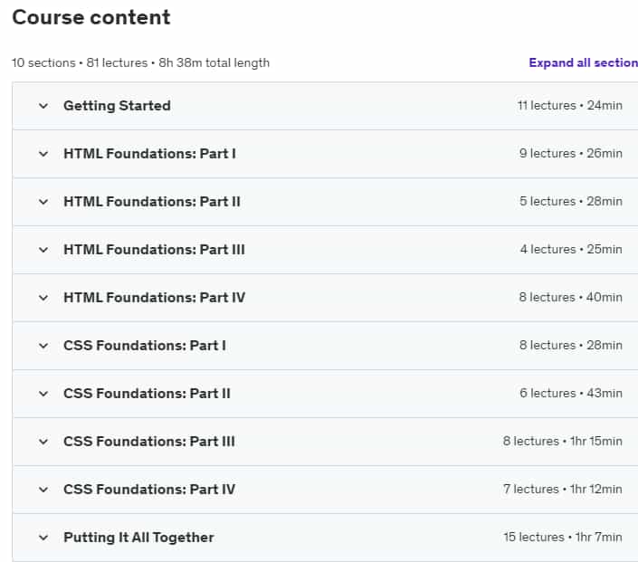 Course topics · Udemy — Build Websites from Scratch with HTML & CSS 2023-3