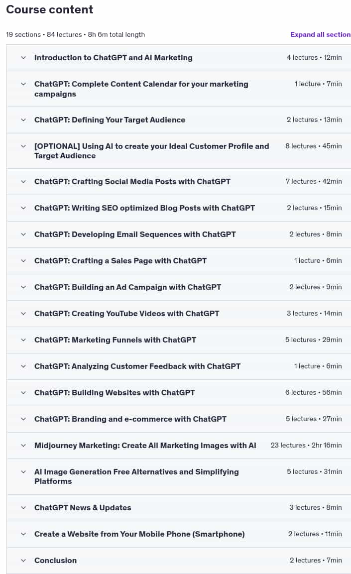 Course topics · Udemy — ChatGPT Marketing: Create Complete Campaigns w/ Chat GPT AI 2025-1
