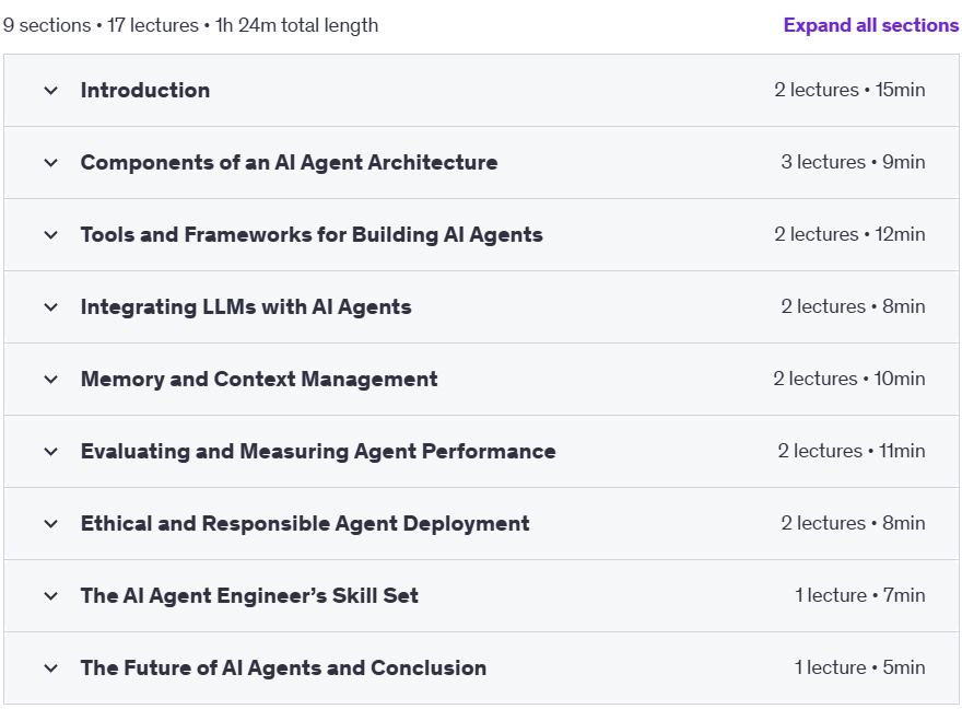 Course topics · Udemy — AI Agent Essentials : 2025 Bootcamp 2025-1