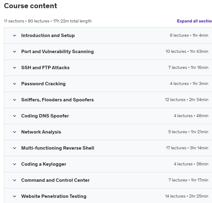 Course topics · Udemy — The Complete Python Hacking Course: Beginner to Advanced 2023-3