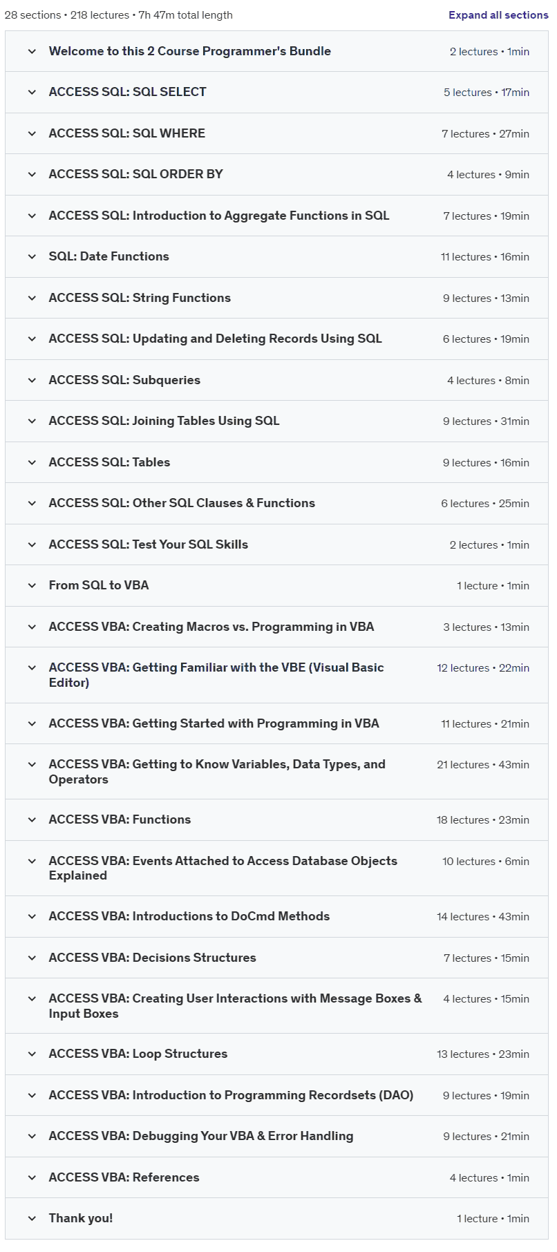 Course topics · Udemy — Access Database Programmer’s Bundle: SQL & VBA 2024-11