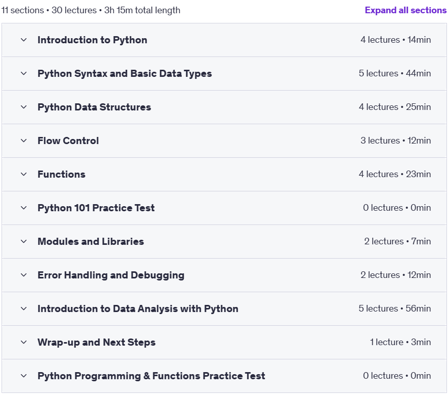 Course topics · Python 101: Python Programming & Python Functions (2025) 2023-9