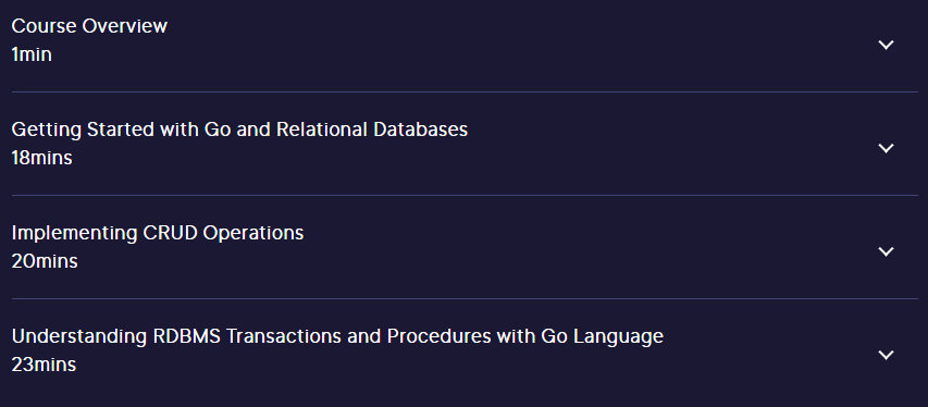 Course topics · Pluralsight — Accessing Relational Databases in Go 2022-7