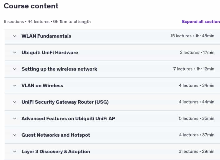 Course topics · Udemy — The Unauthorized Ubiquiti Wireless with LABS Course 2025-1