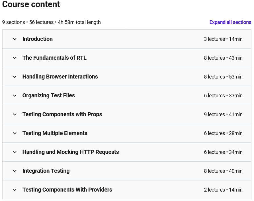 Course topics · Udemy — The React Testing Library Bootcamp – The Developer Guide 2021-12