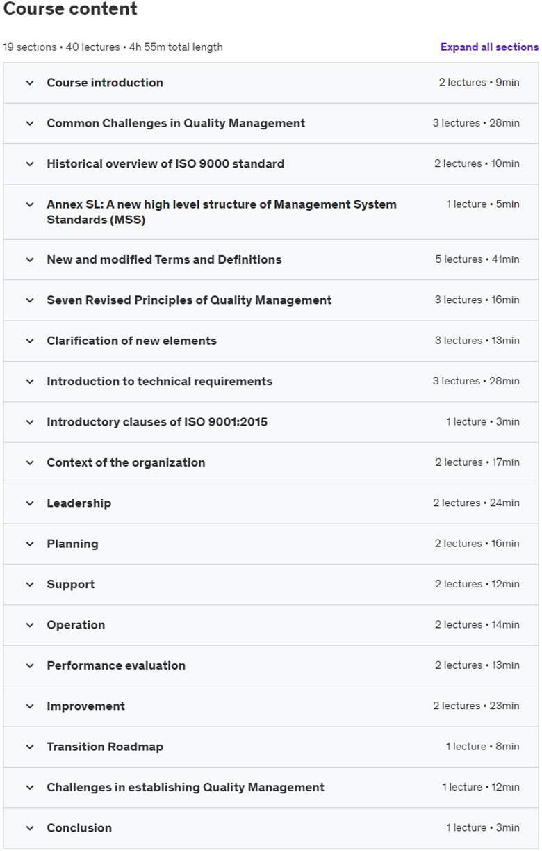 Course topics · Udemy — ISO 9001:2015 QMS Implementation and Auditing Practices 2022-2