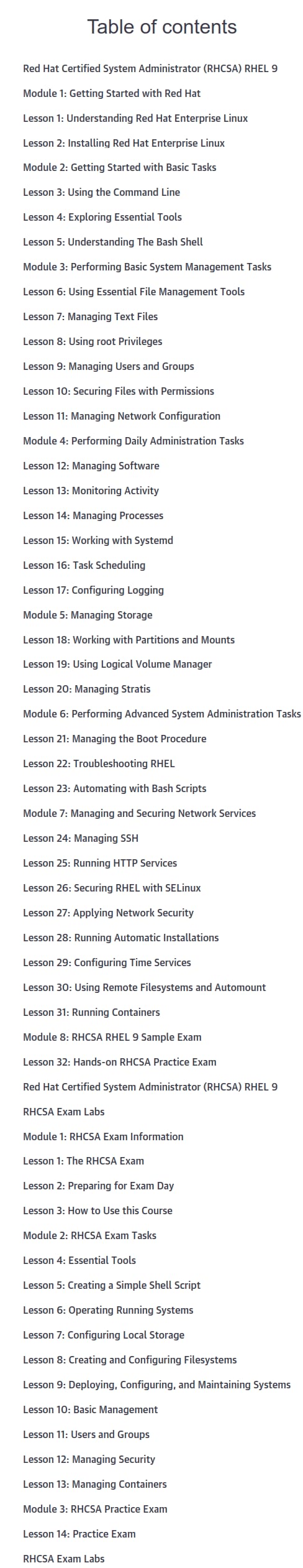 Course topics · Oreilly — RHCSA (RHEL 9) Complete Course with Exam Labs (Video Collection) 2024-8