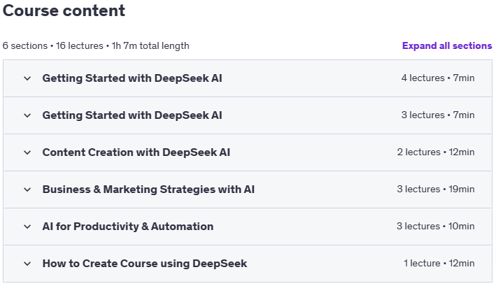 Course topics · Udemy — DeepSeek AI Mastery: Full Guide for Beginners to Expert 2025-1