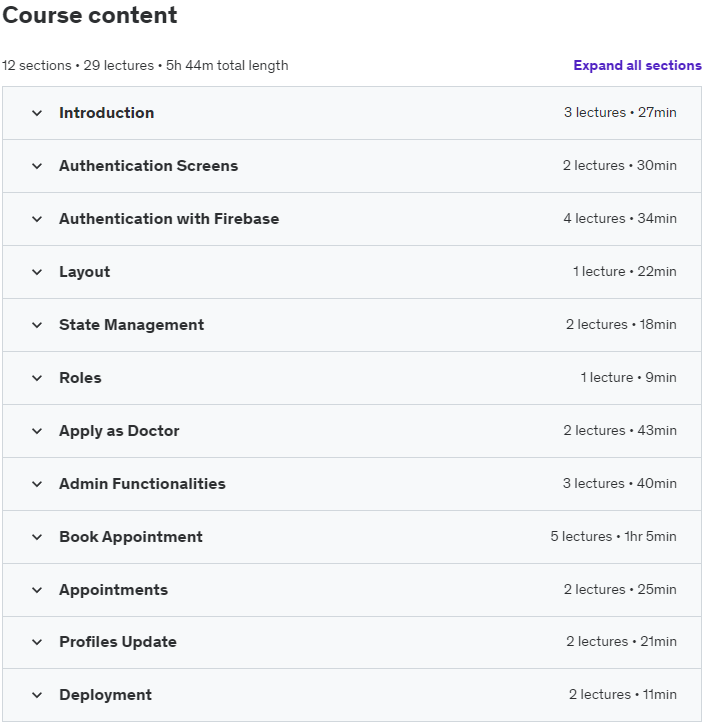 Course topics · Udemy — Doctor Appointment Booking App with React ,Firebase , ANT D 2023-2