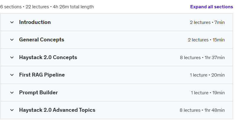 Course topics · Haystack – Build customizable LLM pipelines with AI Tools 2024-6