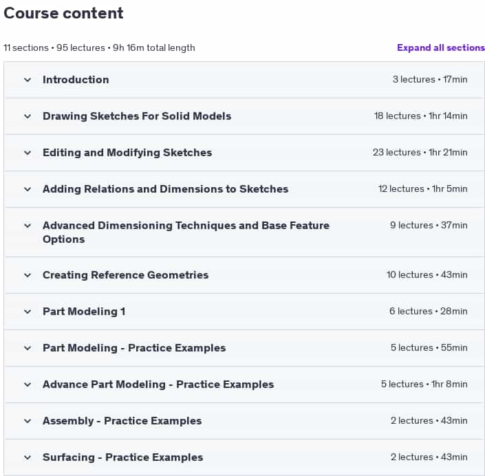 Course topics · Udemy — Learning SOLIDWORKS : For Students, Engineers, and Designers update 2020-7