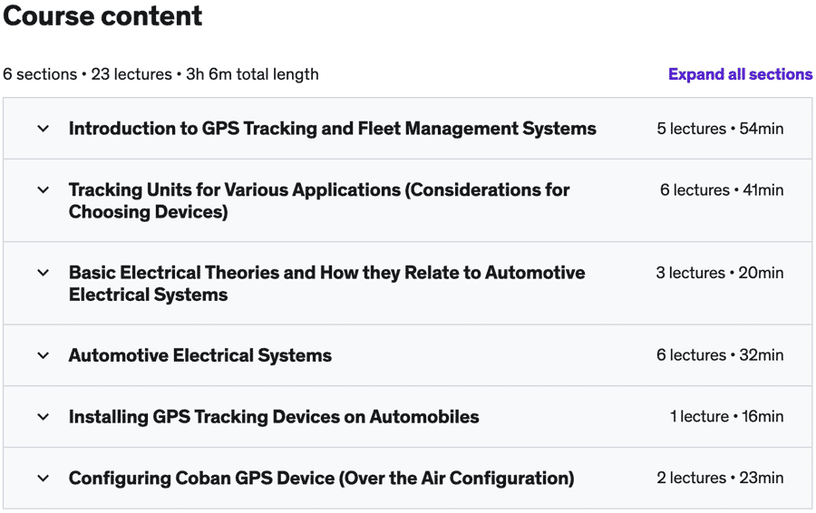 Course topics · Udemy — GPS Tracking and Fleet Management Systems 2022-11