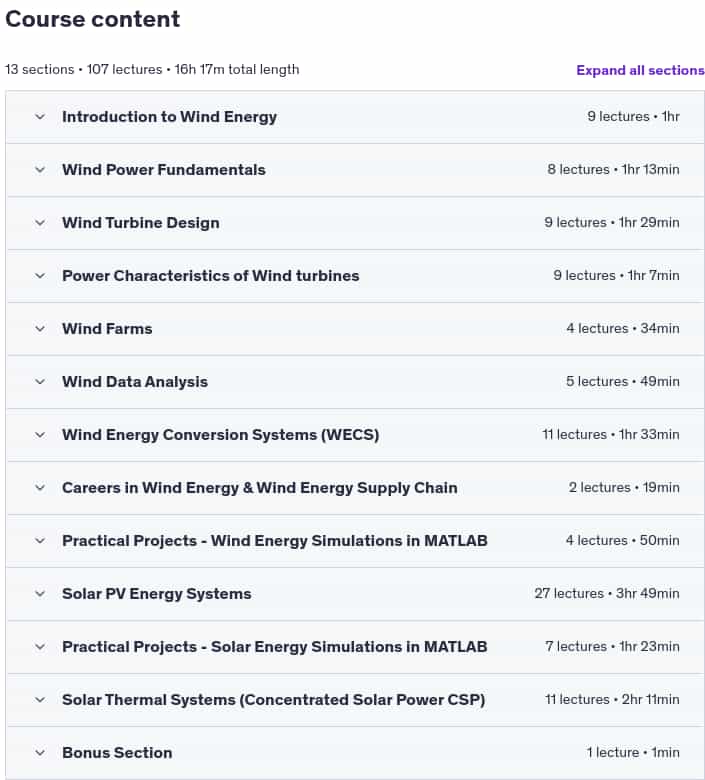 Course topics · Udemy — Ultimate WIND & SOLAR Energy. Beginner to Advanced Level 2025-6